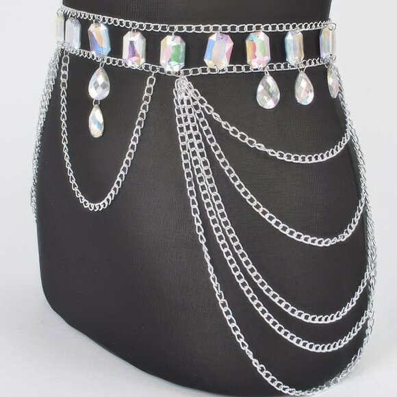 Metal Layered Chain Belt W/Acrylic Stone - Picture 2 of 2